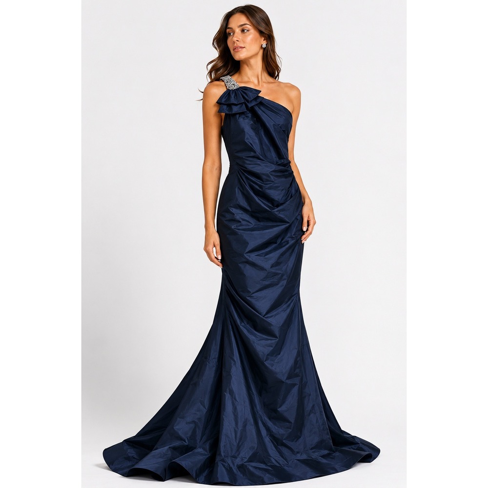 Rickie‎ Freeman Teri Jon Navy One Shoulder Crystal Beaded Gown 39035 Size 4 NWT